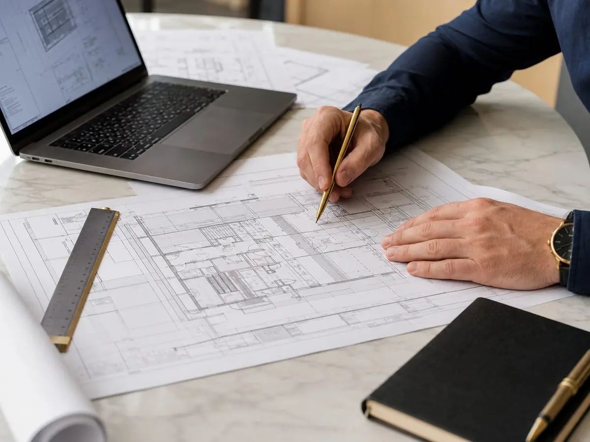 Documentación técnica y planos de instalaciones sobre una mesa de trabajo.
